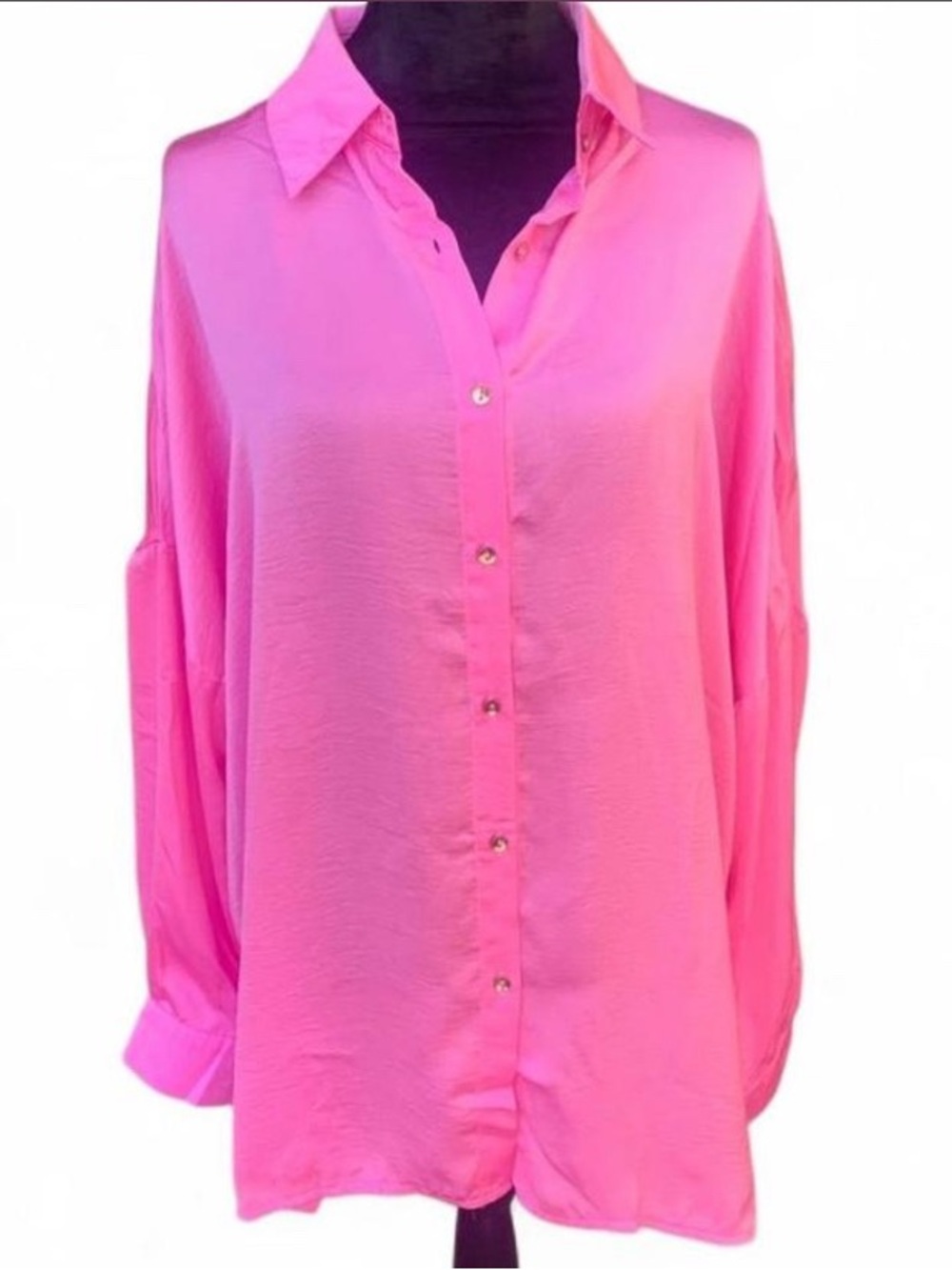 Oversized Corporate Core Drop Shoulder Pink Button Up Long Sleeve Top - Picture 2 of 6